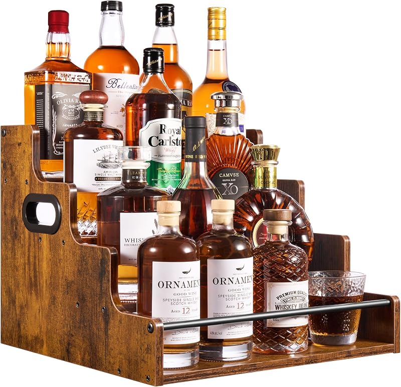 YQBRAO 4-Tier Liquor Bottle Display Shelf, 16-Inch, Rustic Brown | Holds up to 16 bottles with stepped visibility, sturdy support, and side handles for whiskey, bourbon, bars, and kitchens.