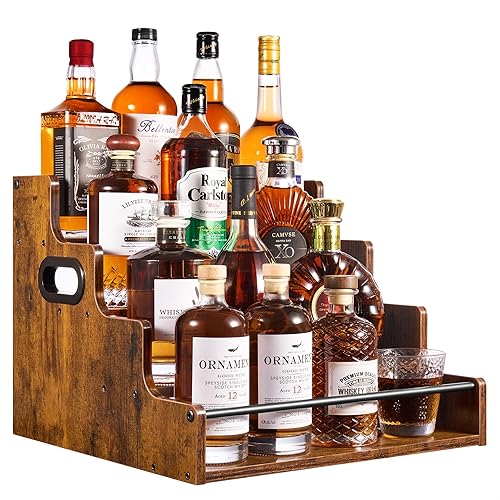 YQBRAO 4-Tier Tiered Liquor Bottle Display Shelf - 16-Inch Rustic
