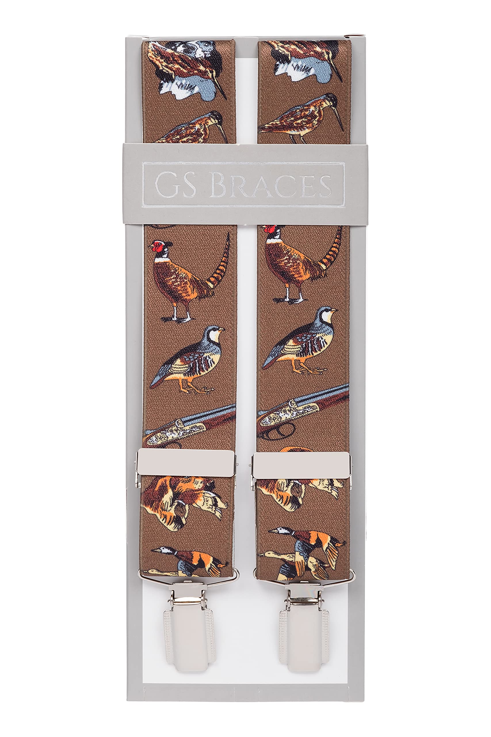 Bretelle per pantaloni da campagna, larghezza 35 mm, elastiche, 4 clip oro o argento, design e dimensioni assortite, per pesca, cervi, caccia, fagiani a tema