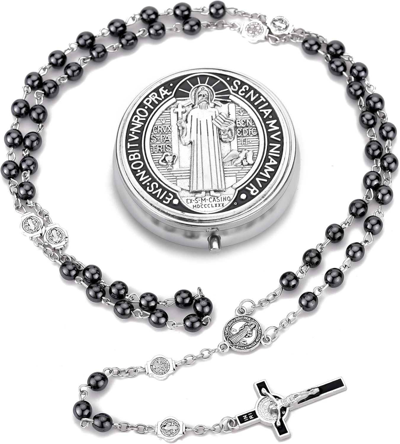 SZQCZB Rosary Beads Catholic for Men and Women, St.Benedict Center Piece and Crucifix, Black Cystal Rosary Beads with Saint Benedict Miraculous Gift Box and 18pcs Prayer Cards - Image 4