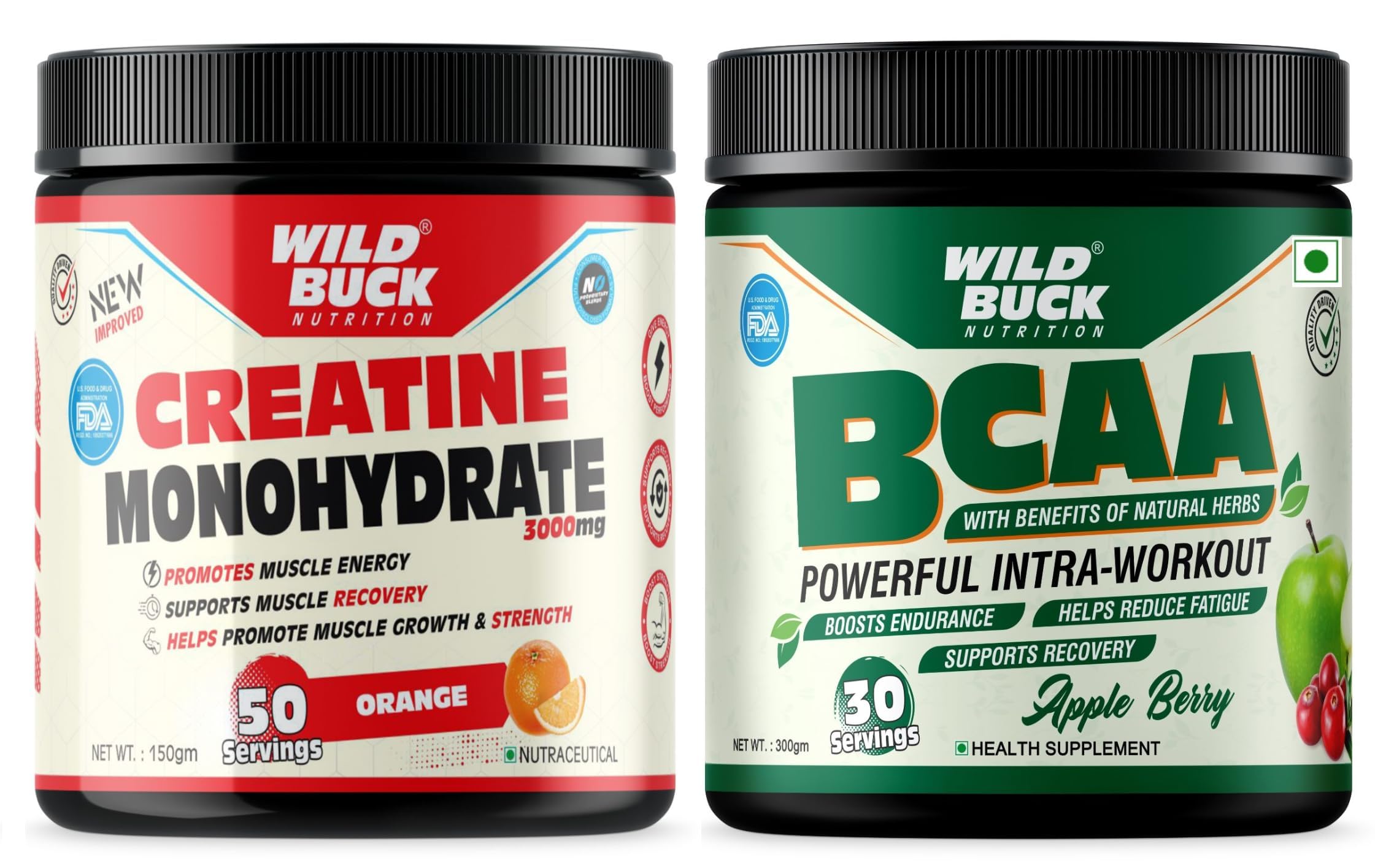 WILD BUCK Creatine Monohydrate, Strength, Reduce Fatigue, 100% Pure Creatine, Lean Muscle Building, Supports Muscle Growth, Athletic Performance, Recovery | Muscle Builder, Energy Support Supplement [50 Servings, Orange] + Wild Buck BCAA Powder with Natural & Powerful Herbs for Muscle Endurance, Muscle Growth, Recovery & Hydration | Pre, Intra & Post Workout BCAAs Supplement for Women & Men [Apple Berry, 30 Servings, 300g]
