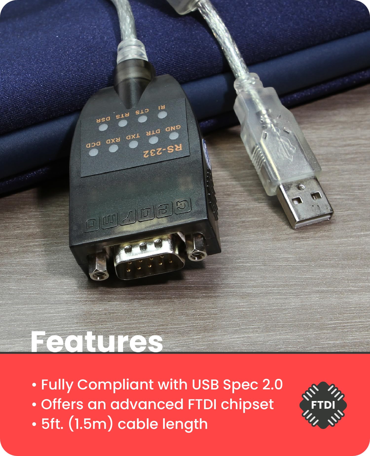 Gearmo Adaptador USB a serie compatible con Windows 11, cable de 5 pies, indicadores LED, chipset FTDI, compatible con Windows 11/10/8/7 - MacOS - Linux