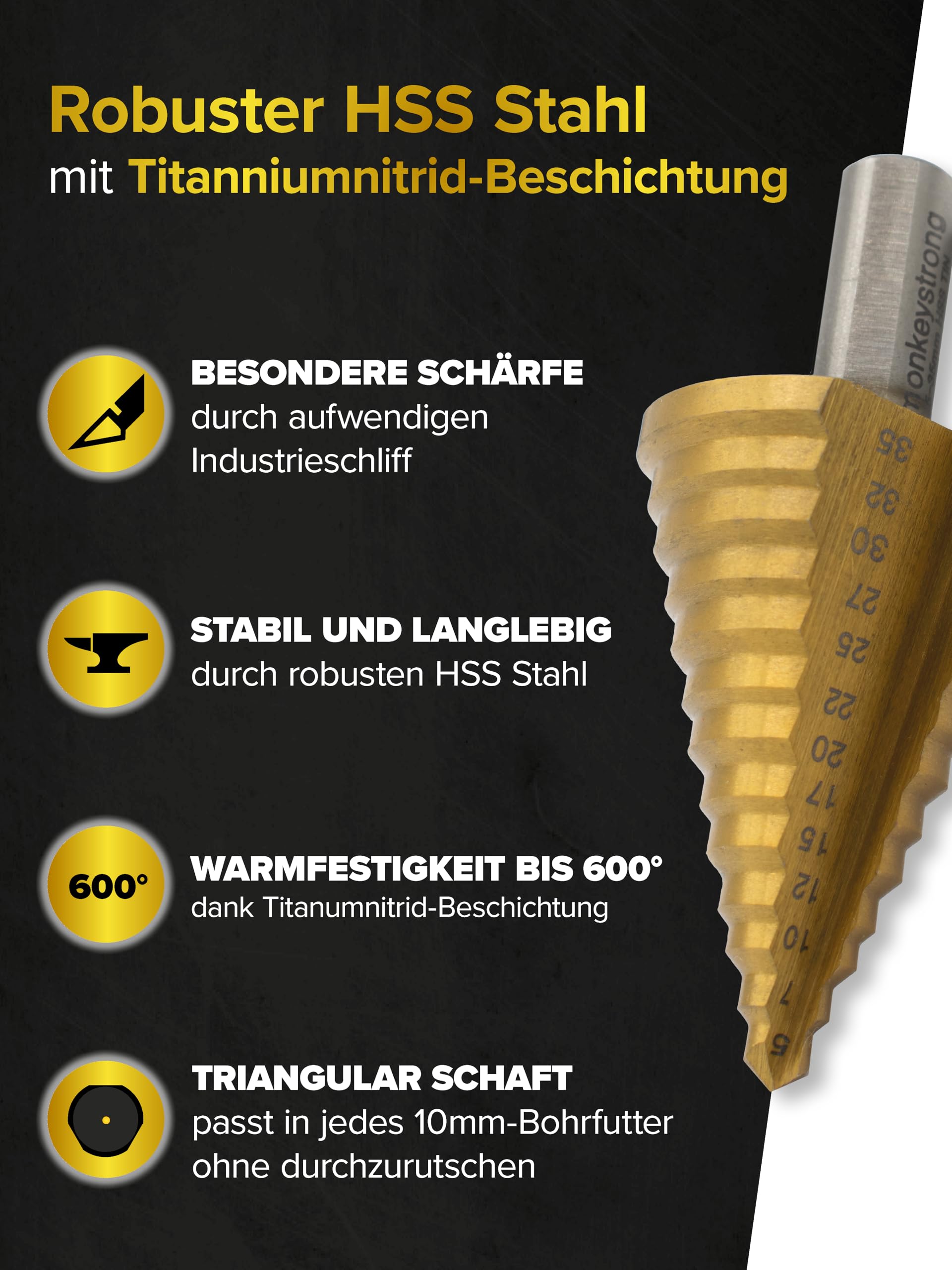 monkeystrong Stufenbohrer 35mm TiN – Ø 5-35 Metall 13 Stufen Kegelbohrer | HSS, Schälbohrer, Konusbohrer, Blechbohrer, für Baustahl, Eisen, NE-Metall, Kunststoff & Holz, mit Drehzahltabelle