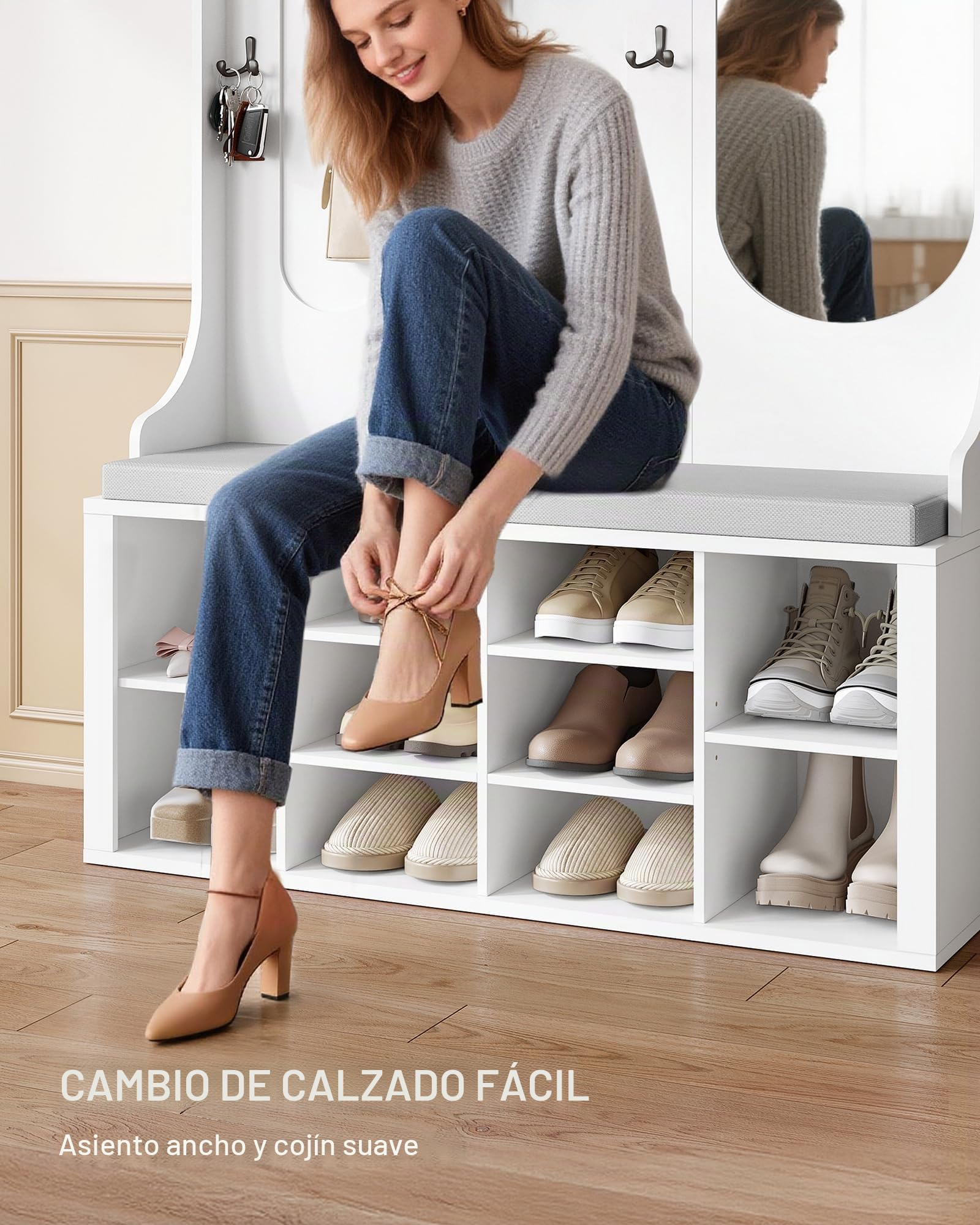 Hzuaneri Perchero con Banco Para Zapatos, Armario con Espejo, Blanco | Almacenamiento de zapatos, 10 ganchos, estantes ajustables, independiente, para recibidor, 35,5 x 100 x 185 cm, HT23503X