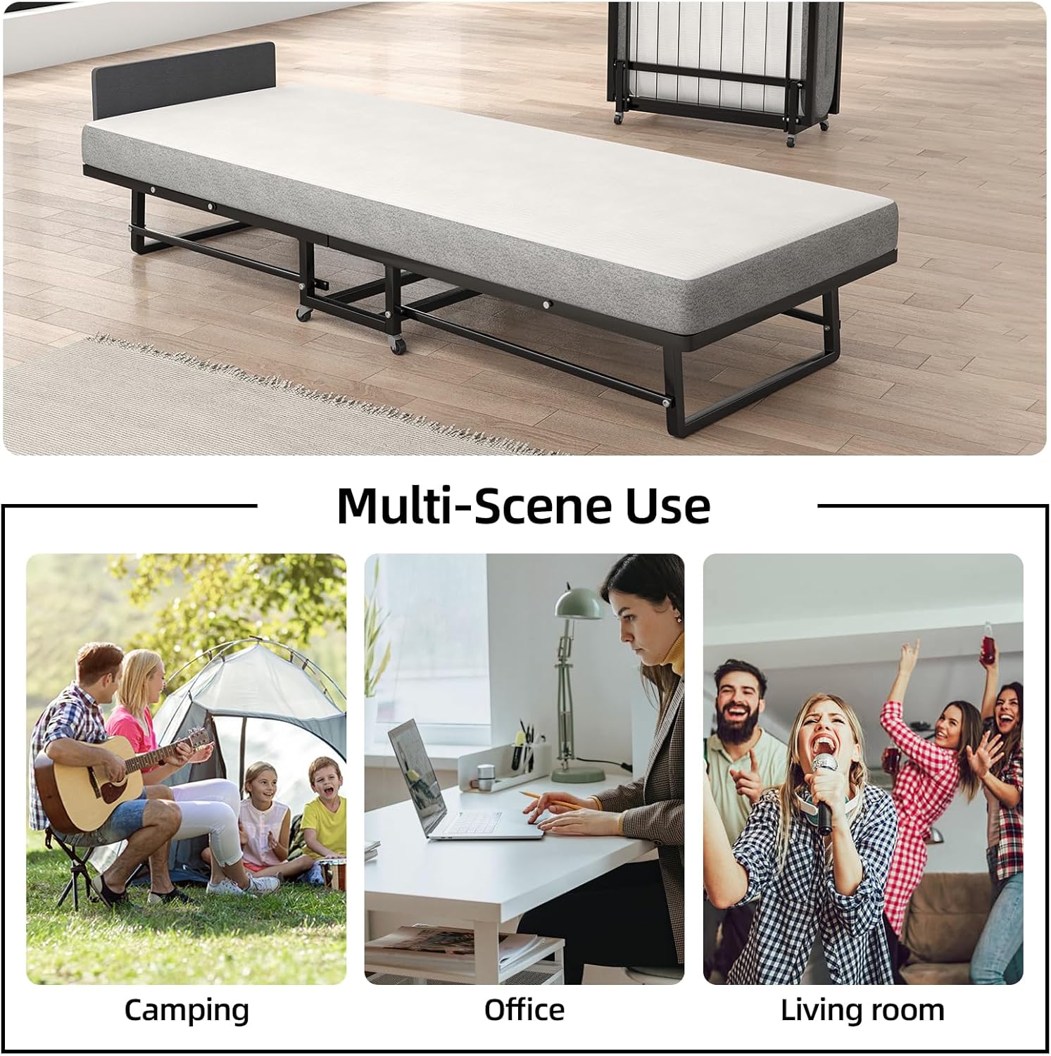 Folding Bed with Mattress, Portable Foldable Twin Bed, Twin Size Bed Frame for Adults Easy Storage Holds 450 Lbs for Small Family Homes or Temporary Shelters