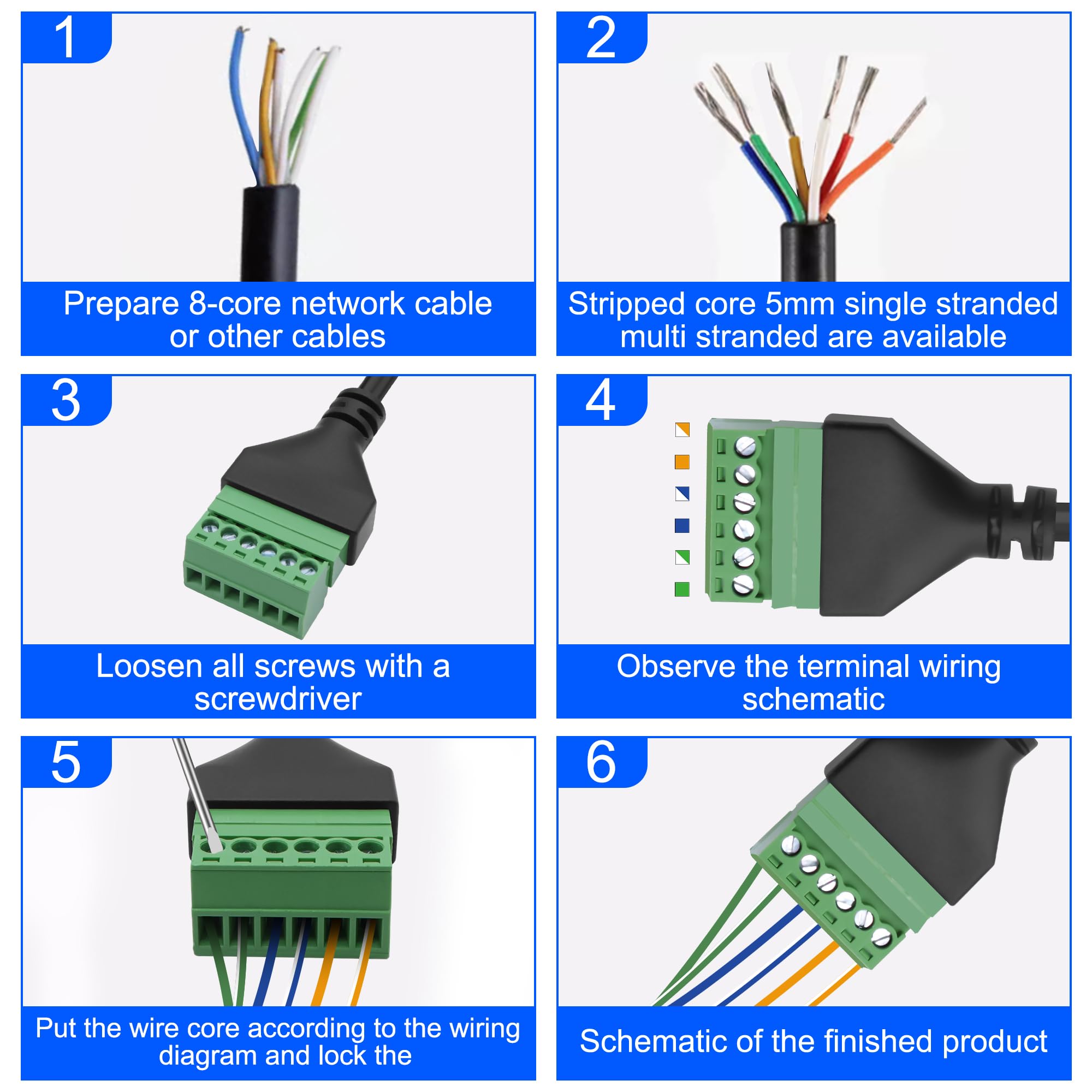 XMSJSIJ rj12 zacisk śrubowy na 6-pinowy, bezlutowy adapter, kabel przedłużający, wtyczka na 6-pinowy, przedłużacz do telefonu stacjonarnego, 2 szt