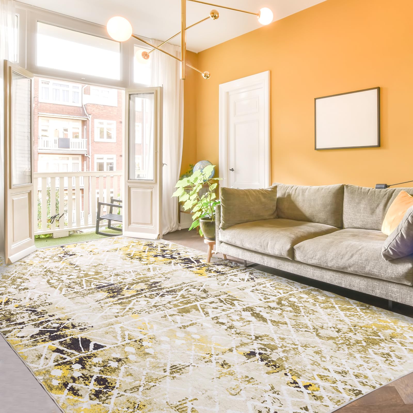 8x10 Washable Large Area Rug for Living Room Non Slip Boho Moroccan Bedroom Rug Indoor Farmhouse Geometric Floor Mat Soft Low Pile Woven Carpet for Classroom Office Under Dining Table(Yellow)