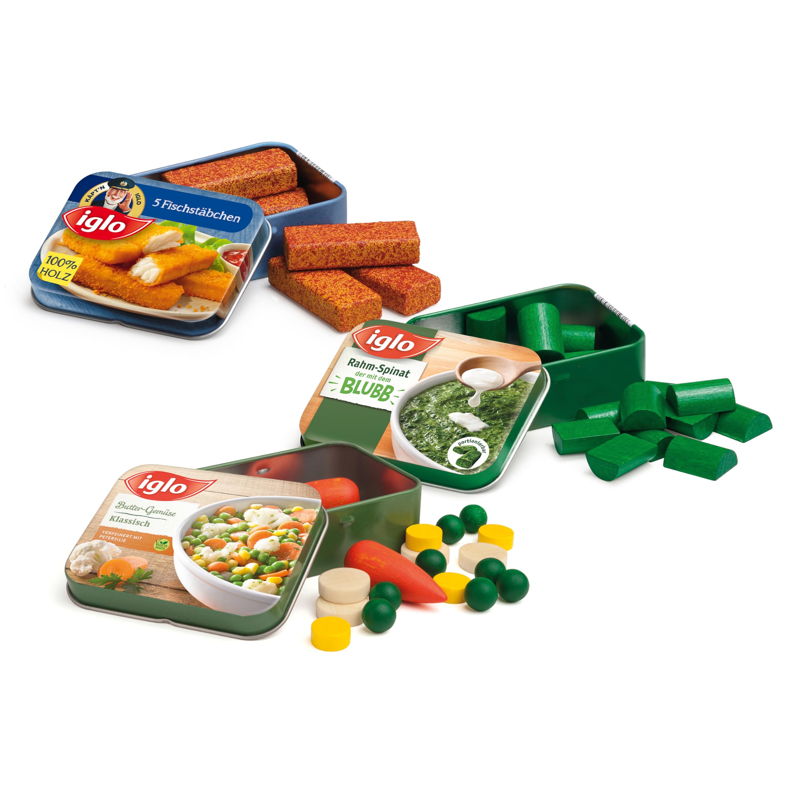 Erzi 06006 Tiefkühlsortiment von Iglo aus Holz, Kaufladenartikel für Kinder, Rollenspiele.