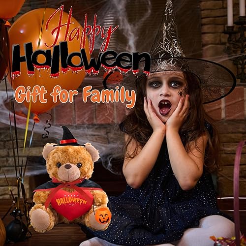 Miniatura 6 de Oso de peluche de Halloween con corazón personalizado con texto personalizado, juguetes de Halloween con decoración de calabaza, sombrero y capa de