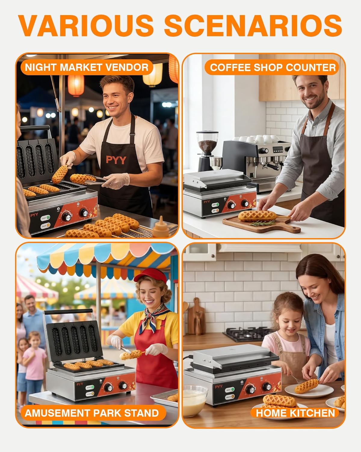 PYY Corn Dog Waffle Maker - 1500W Commercial Waffle Stick Maker 6Pcs Non-stick Stainless Steel Hotdog Waffle Maker Machine 572 ℉ Temperature and 5 Mins Timer for Food Truck, Bakery, Snack Bars