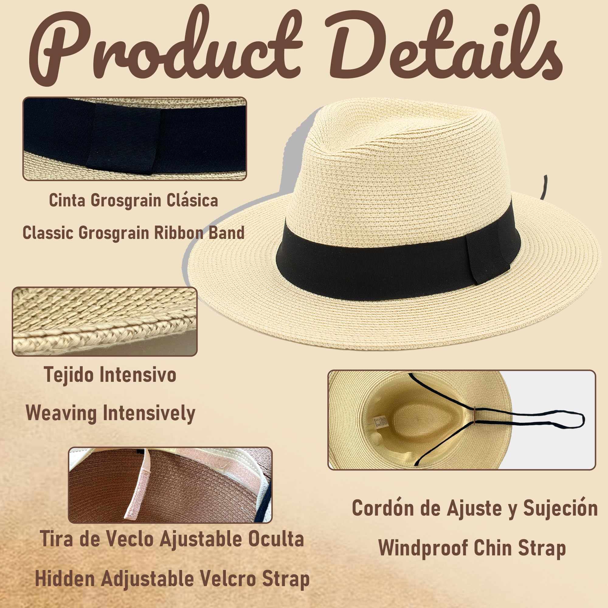 Sombrero Panamá de Verano, Sombrero de Paja Panamá para Mujer y Hombre Unisex, Sombrero de ala Ancha UPF 50 Plegable y Trenzado Intensivo