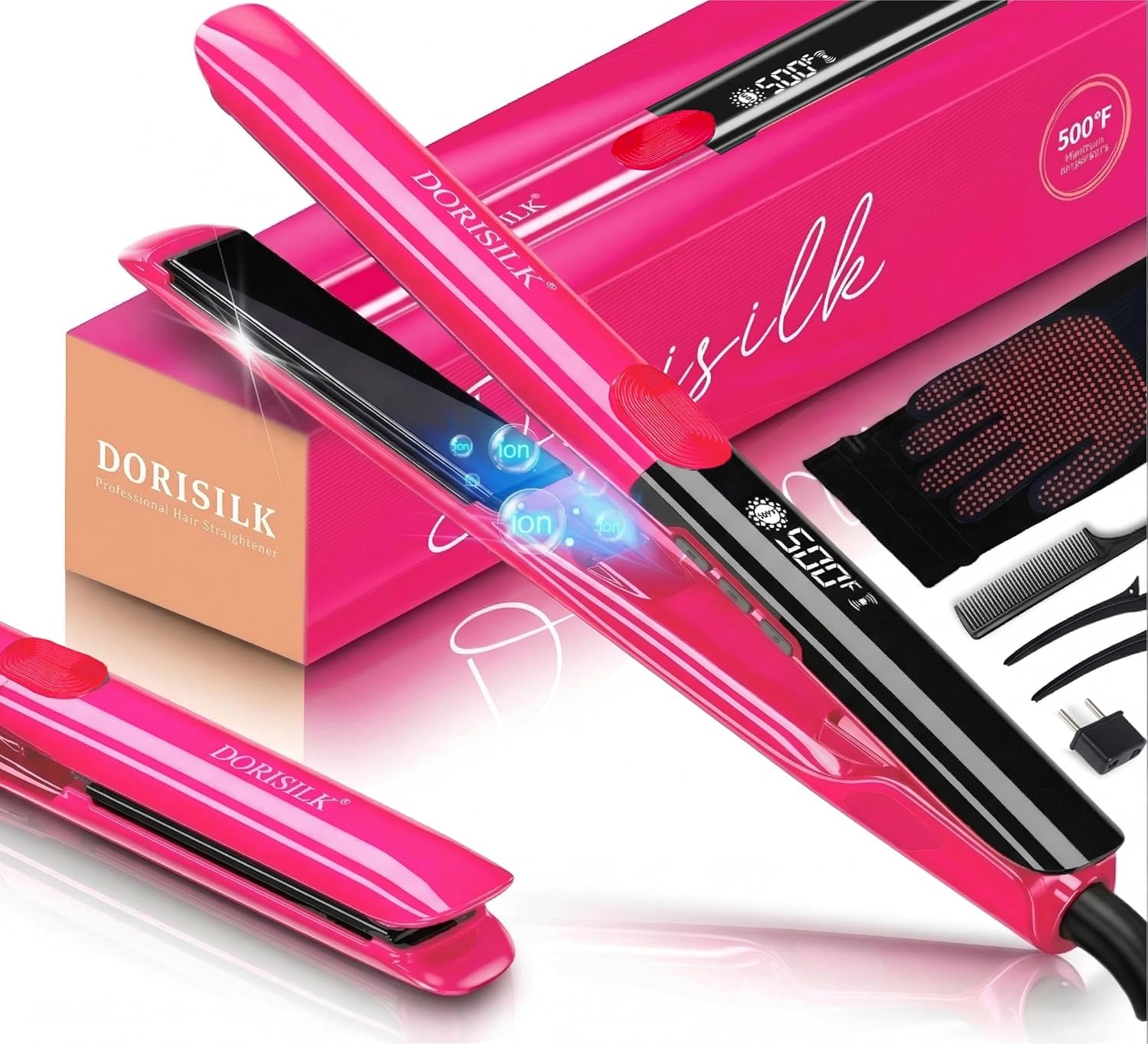 DORISILK 500 Degree High Temp Professional Hair Straightener，1 Inch Ceramic Flat Iron ，2 in 1 Hair Straightener and Curler，Plasma Flat Iron Get Frizz-Free ，Dual Voltage for Travel Using（Hot Pink）