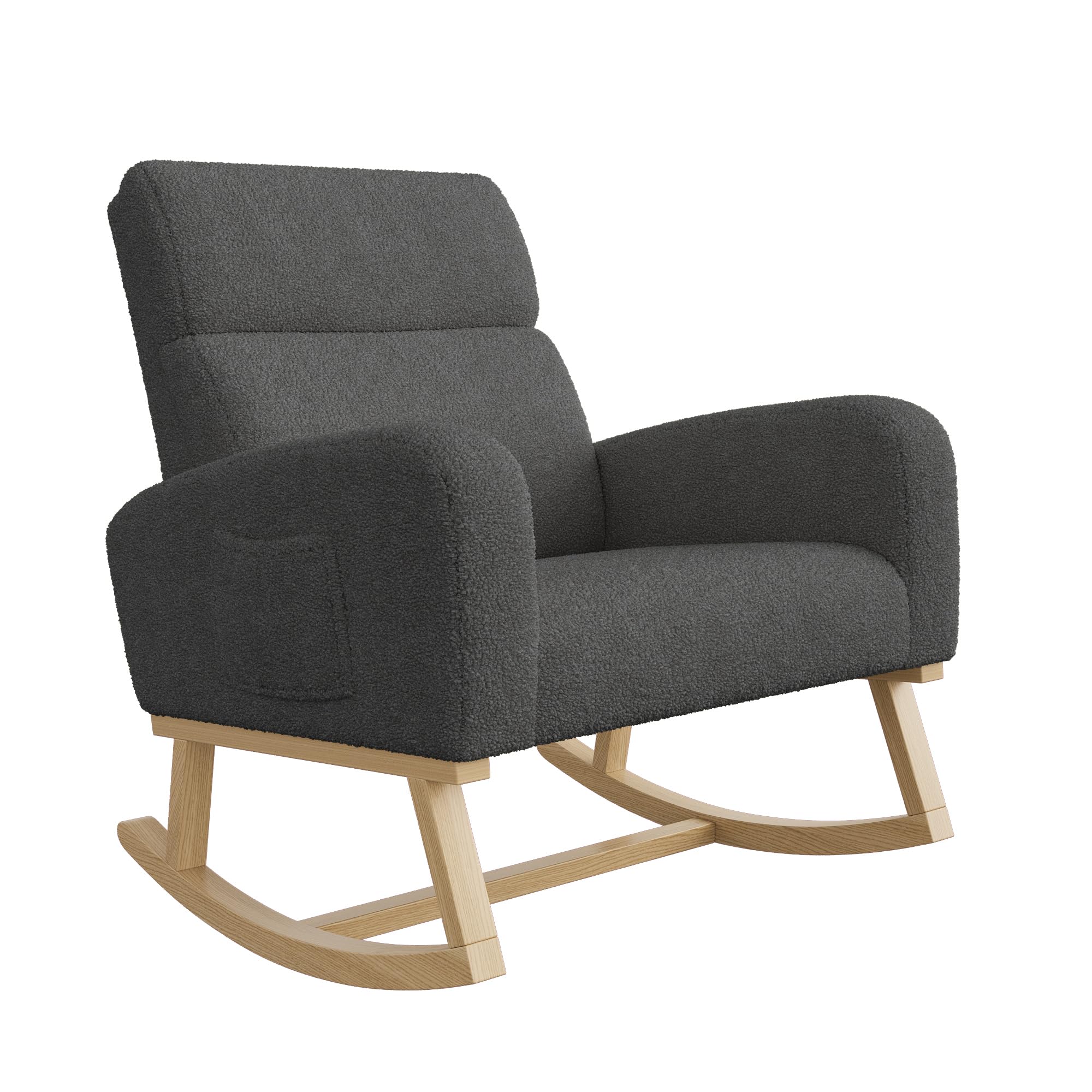 Mecedora, mecedoras de lactancia para adultos, respaldo alto, sillones de tela de peluche con base de madera y bolsillo lateral, sillón de ocio para salas de estar y dormitorios (gris oscuro)