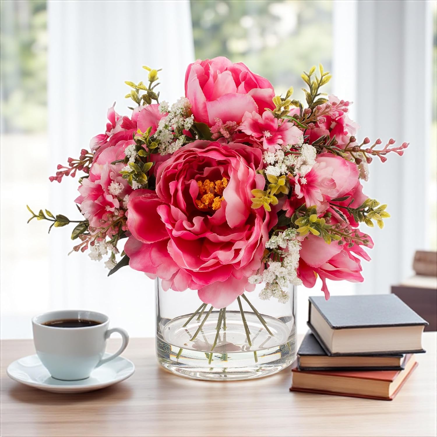 ENOVA FLORAL Artificial Silk Flower Arrangement with Vase,Mixed Artificial Silk Peony Flower in Vase for Decoration Home Office, Wedding Centerpiece (Fushia) - Image 4