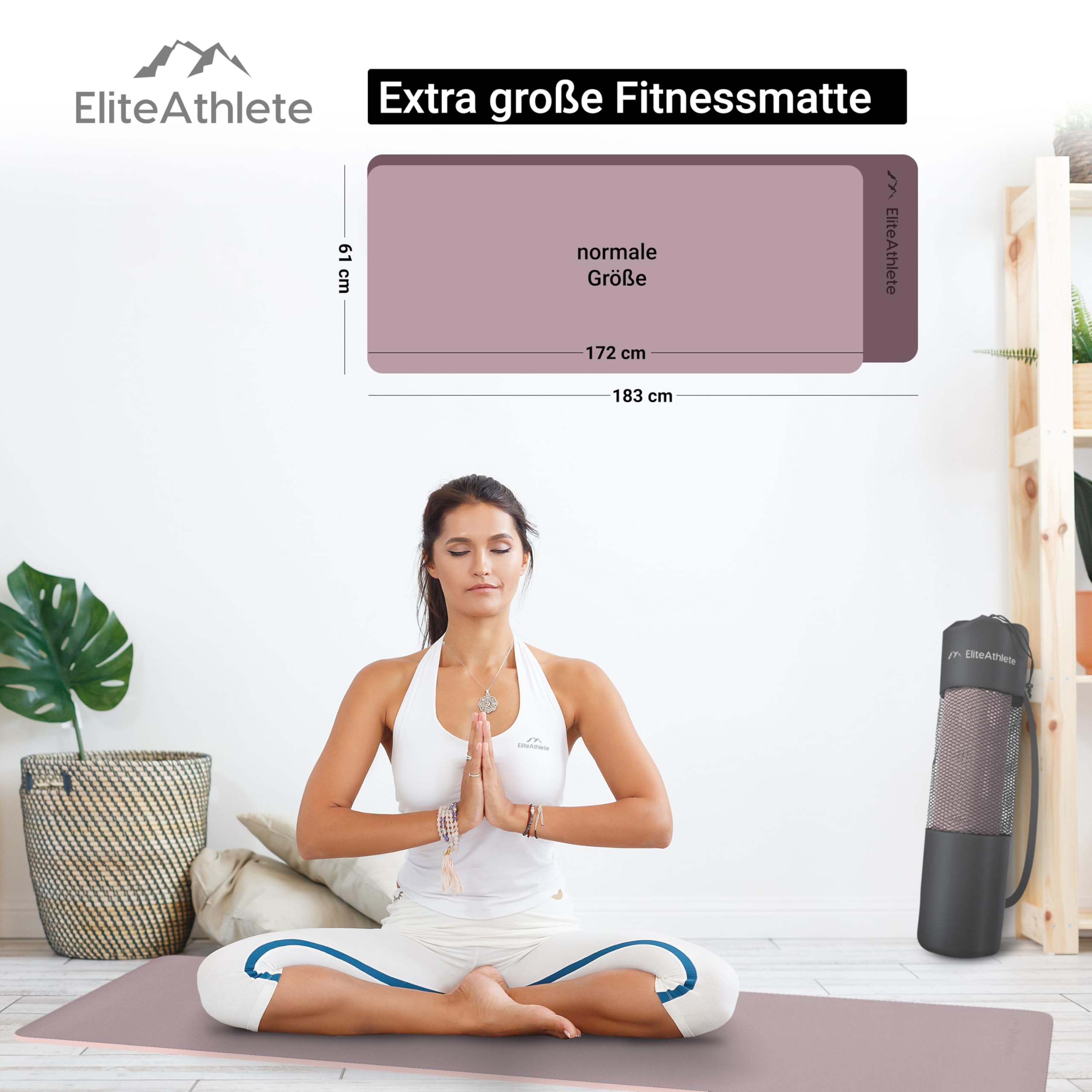 EliteAthlete Yogamatte - Sportmatte - Fitnessmatte - Gymnastikmatte gepolstert & rutschfest für Fitness, Pilates - Yoga Matte - 183 cm x 61 cm x 0.6 cm - Trainingsmatte inkl. Transportgurt + Tasche
