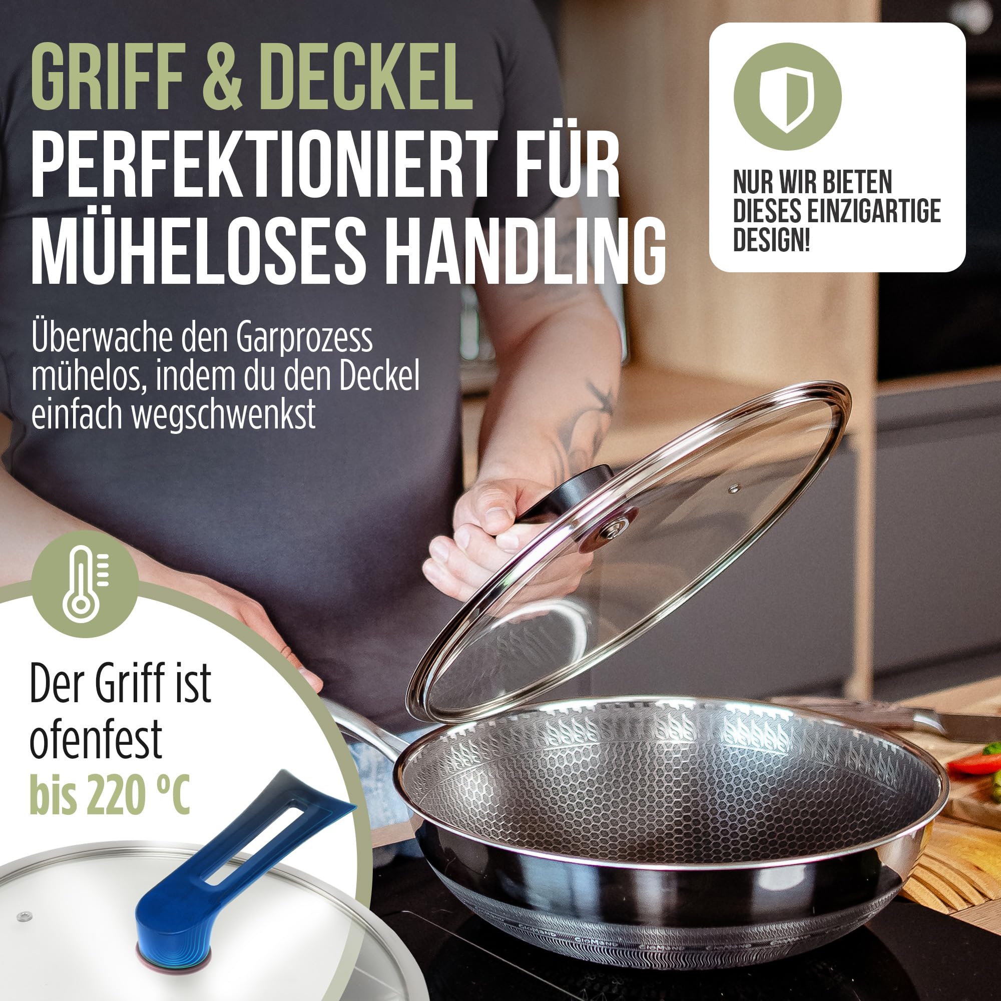 Wokpfanne mit Deckel Wok Pfanne Induktion 28cm - aus Edelstahl mit Antihaft Wabenstruktur | geeignet für Induktionsherd, Elektro, Gas | Spülmaschinenfest, gleichmäßige Hitzeverteilung