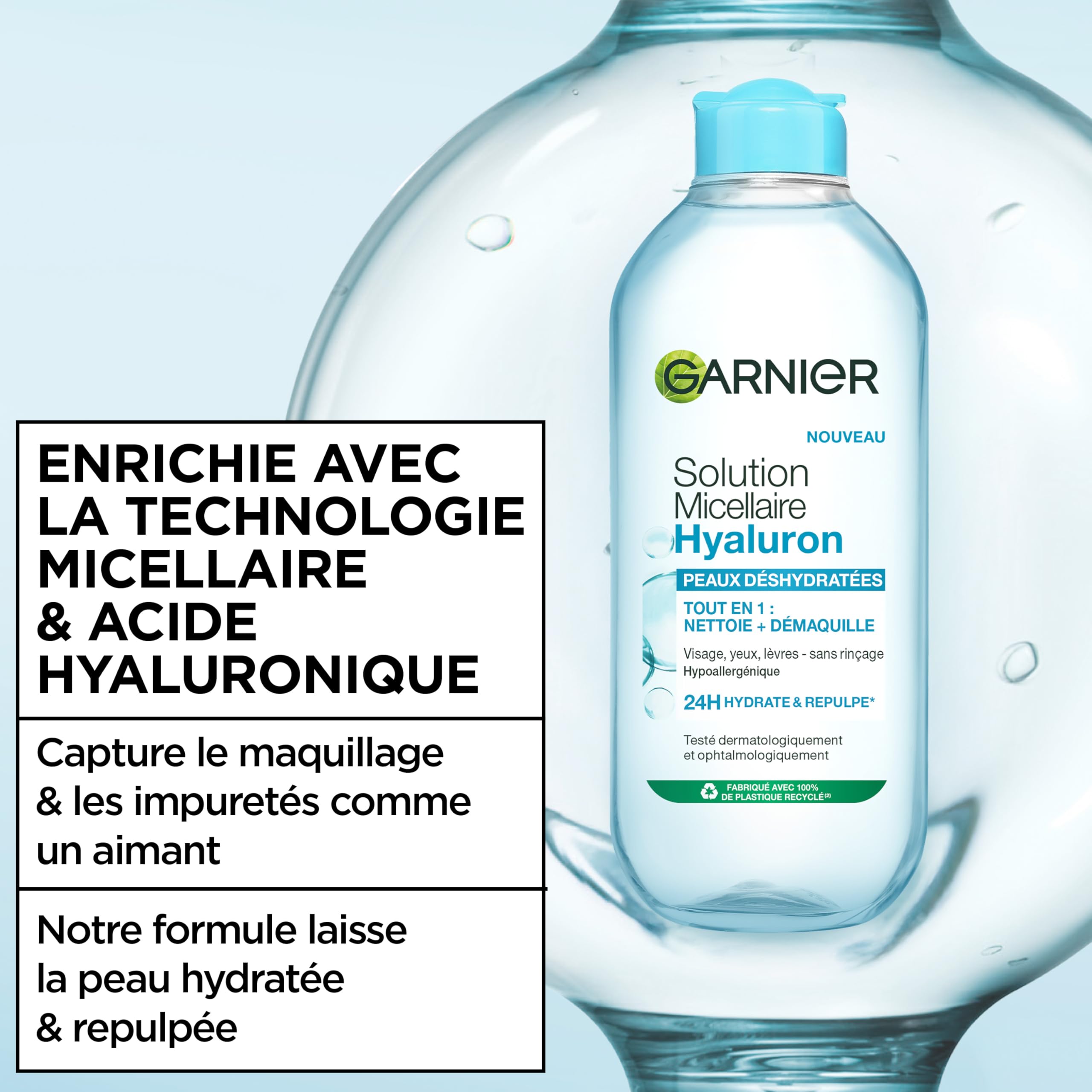 GARNIER Skin Active - Solution Micellaire Tout-En-1 - Nettoie, Démaquille & Hydrate - Micelles & Acide Hyaluronique - Visage, Yeux, Lèvres - Peaux Déshydratées - 400 ml