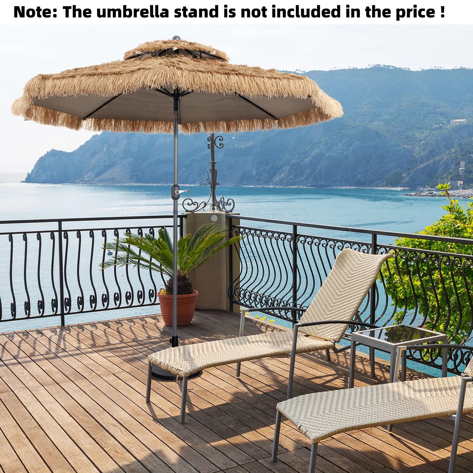 KOMFOTTEU 3m Hawaii Sonnenschirm, Bastschirm knickbar, Strohschirm Sonnenschutz, Strandschirm mit Doppeldach, Terrassenschirm Marktschirm für Garten, Balkon, Strand | Sonnenschirm für den Strand mit Doppeldach, Sonnenschirm für Garten, Balkon, gelb-braun,