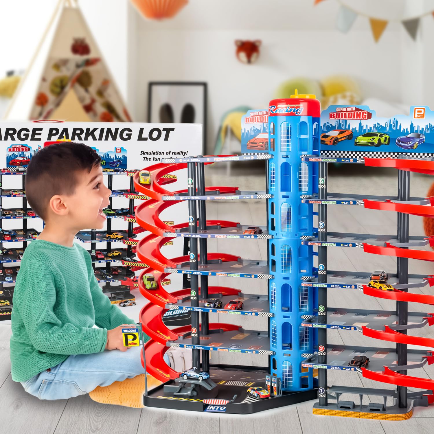 CELMAN Parcheggio a 6 piani con inseguimento, spazio per veicoli in scala 1:64, garage per bambini dai 3 4 5 6 7 8 anni in su, con auto giocattolo in metallo, ascensore