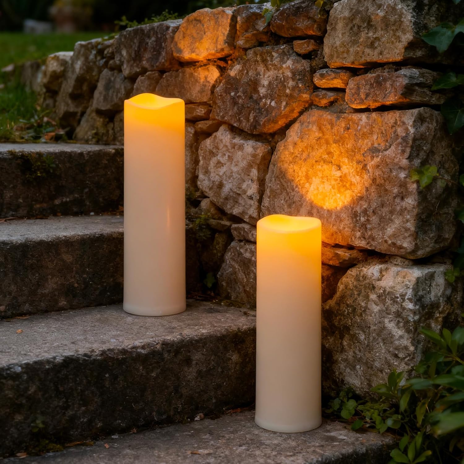 4" x 14" Large Waterproof Outdoor Flameless Candles Battery Operated LED Pillar Candles for Indoor Outdoor Lanterns, Off White, Long Lasting, Set of 2