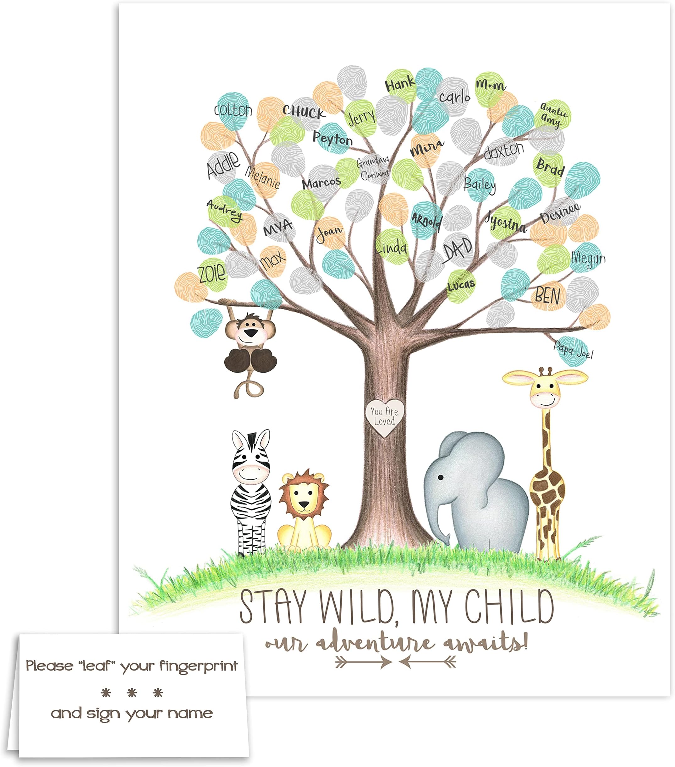 Customized Jungle Safari Animal Fingerprint Tree Guestbook Alternative, Unframed, Zoo Animal Nursery Baby Shower Fingerprint Poster Keepsake