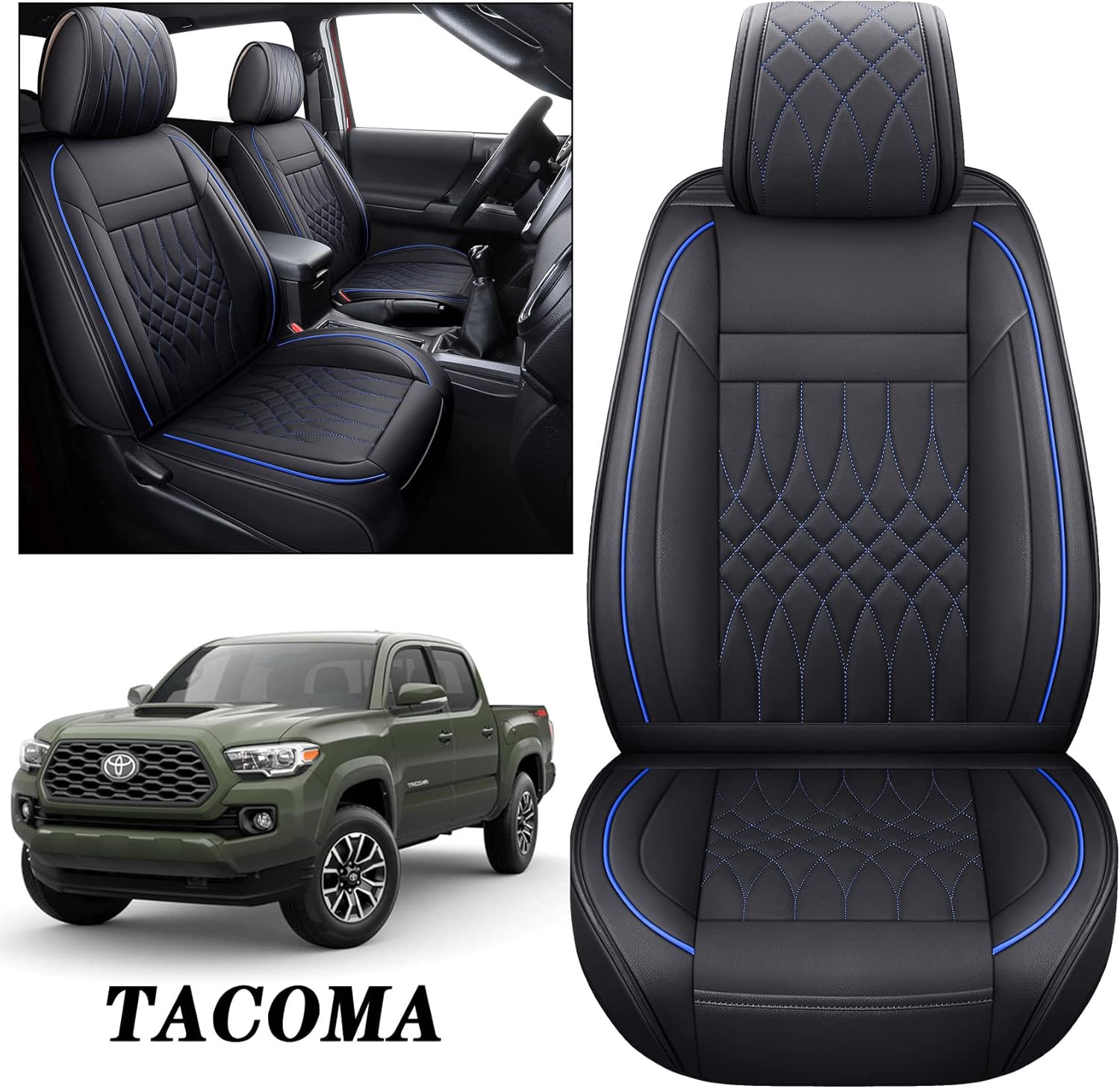 YIERTAI Tacoma Seat Covers Compatible with Tacoma 2005-2024 2025 2026 Crew Double Access Cab TRD Off-Road Limited SR SR5 Trail Edition Truck Waterproof Faux Leather(2 PCS Front/Black-Blue)