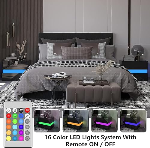 Miniatura 4 de Mesita de noche LED moderna de alto brillo con armario de almacenamiento, mesita de noche con 2 cajones para muebles de dormitorio y sala de estar