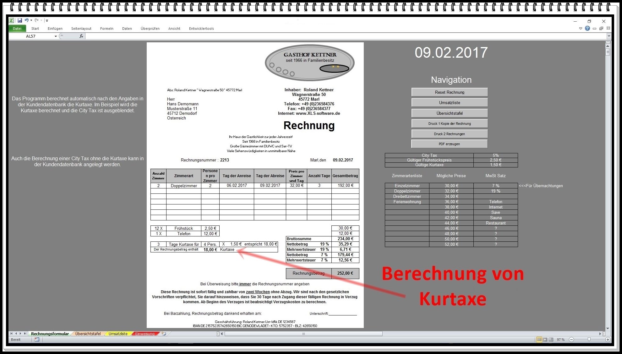Rechnungsprogramm Rechnungssoftware mit City Tax und Kurtaxe für Hotel Pension Ferienwohnung
