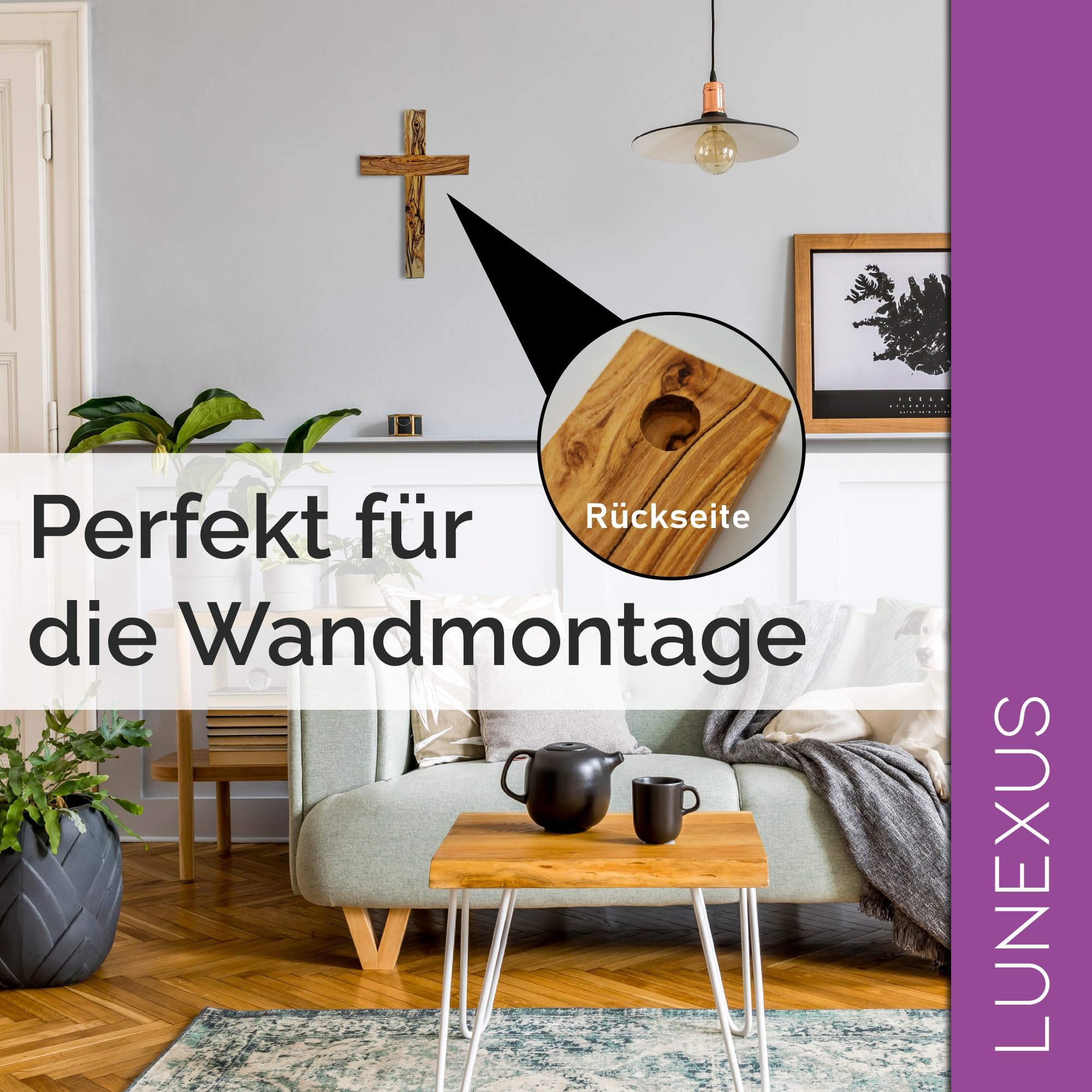 Lunexus Wandkreuz Olivenholz 30 cm - Handgefertigt, gesegnet | Hochwertiges Olivenholz aus Bethlehem - gesegnet mit Zertifikat - mit Wandhalterung - für Kommunion, Hausaltar, Deko