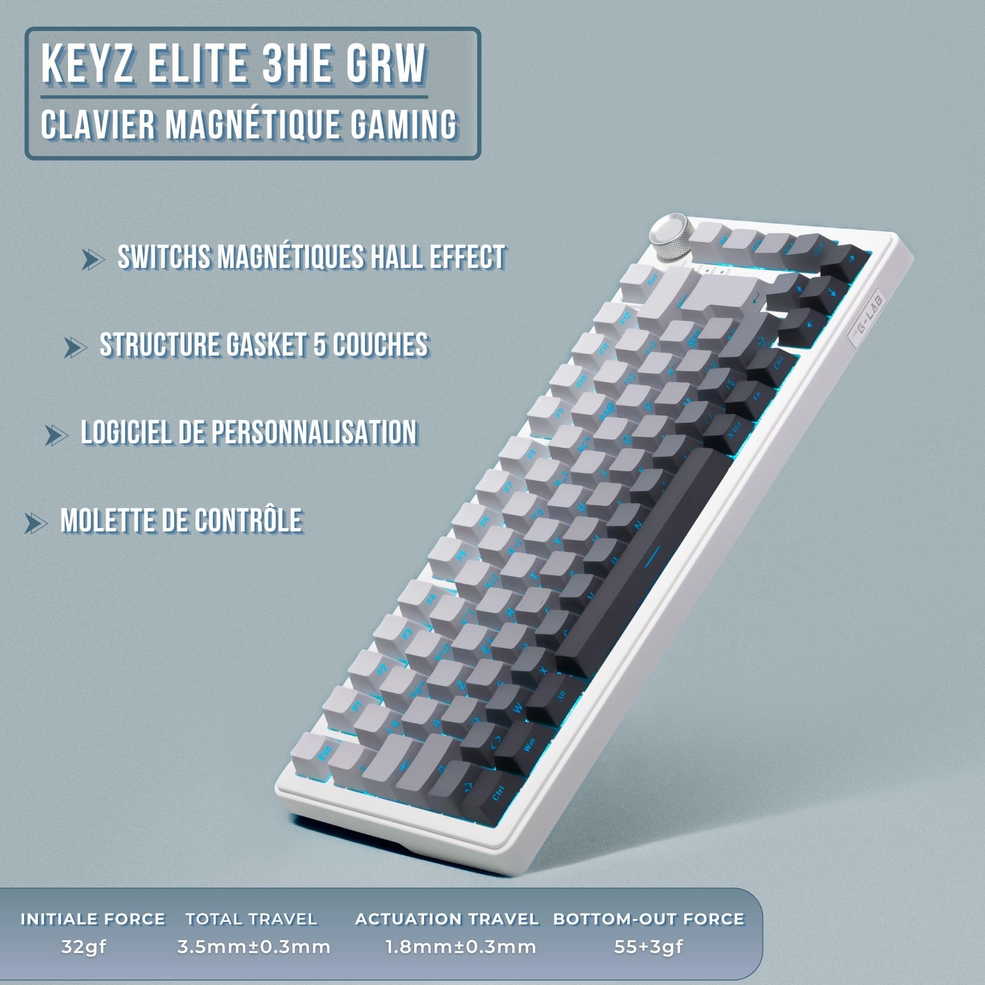 The G-Lab - KEYZ Elite 300 HE GRW - Magnetyczna Klawiatura Gamingowa Hall Effect 75% AZERTY FR, Przewodowa USB, 8000 Hz Rapid Trigger, Regulowana Aktywacja 0,01 mm, PBT Hot-Swap, RGB i Makra - Win/Mac