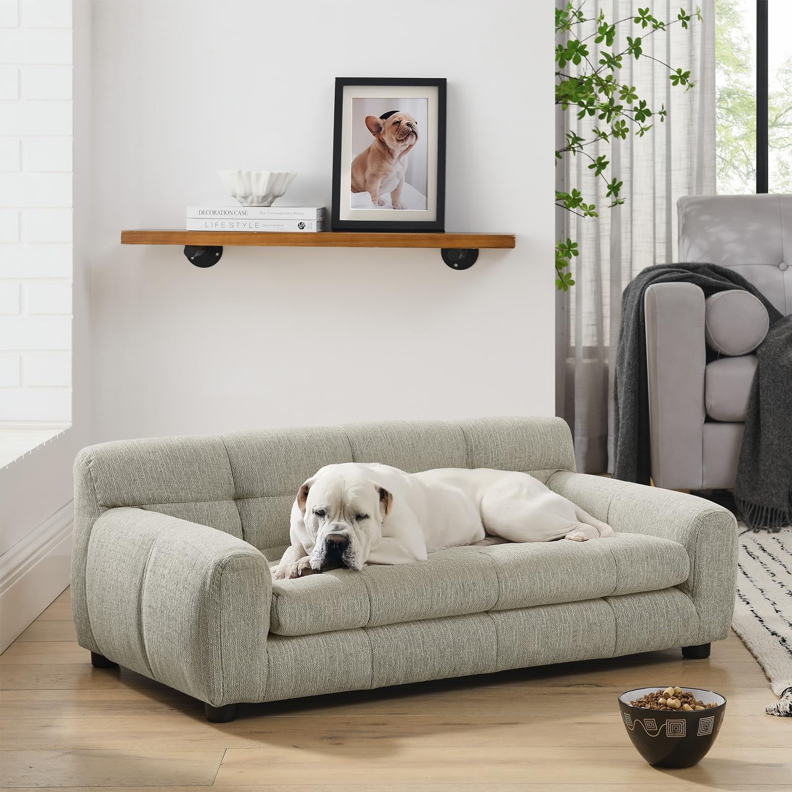 38" Pet Sofa Couch for Small and Medium Dogs, Soft Foam Cushion Dog Couch with Backrest &amp; Armrests, Short Leg Stable Design, Durable Linen Fabric Pet Bed, Modern Style