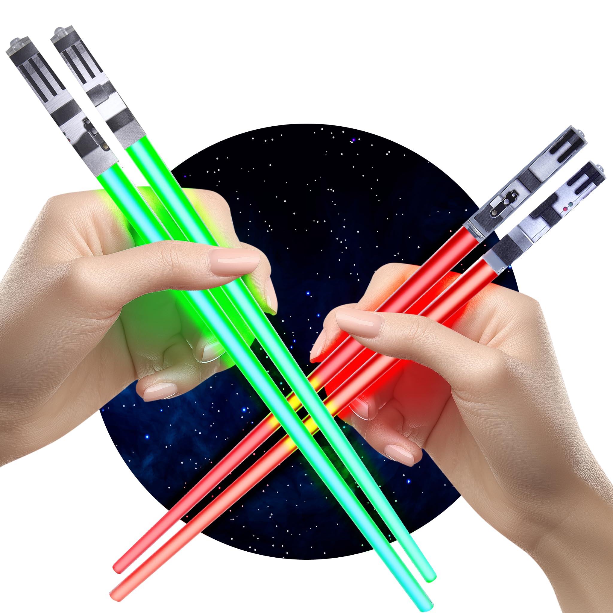 Lightsaber Chopsticks Light Up - LED Glowing Light Saber Star Wars Chop Sticks - Reusable Sushi Lightup Sabers Chopstick Set Of 2 Green and Red Pairs