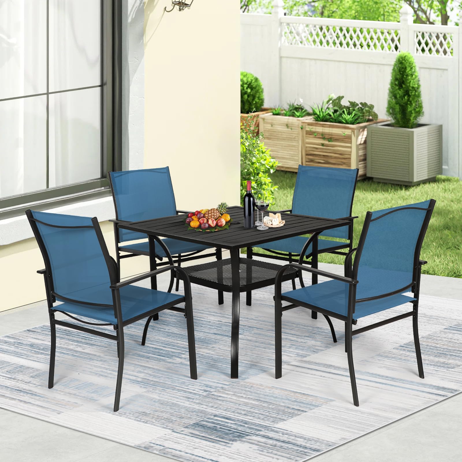 Incbruce 5 Pieces Patio Dining Set, Outdoor Dining Set of 4 Textilene Chairs and Square Table with Umbrella Hole for Backyard, Garden, and Poolside (