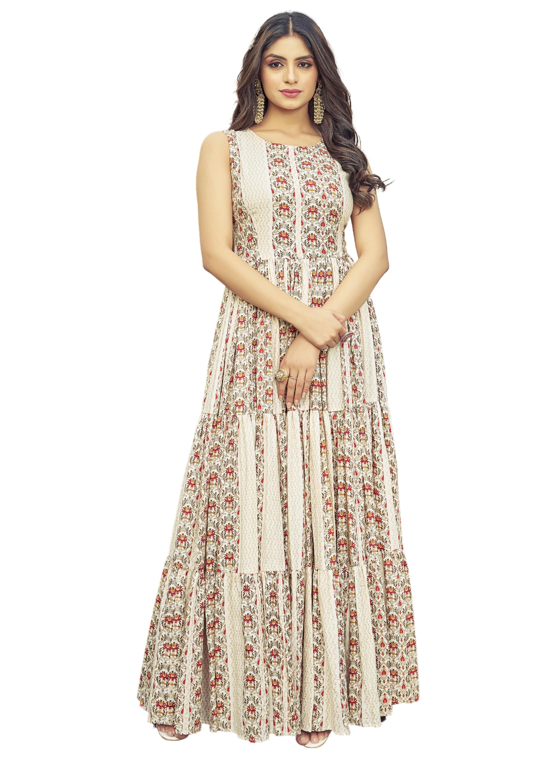 Rayon Gown for Women | Full Length | Printed | Fit & Flare | Sleevesless | Round Neck | Stylish | Ideal for Casual, Formal & Party Occassions | Almond Cream-image-40