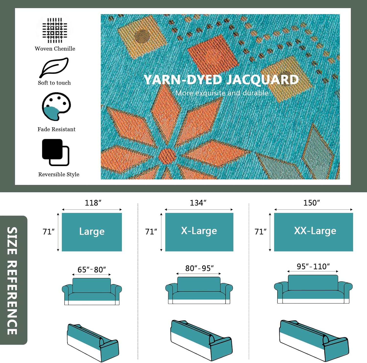 DREAMINGO Teal Green Couch Cover Jacquard Chenille Sofa Covers Love Seat Cover for 2 Cushion Couch Geometric Futon Couch Cover Multi-Use Furniture Protector Sofa Slipcover Washable, 71"x118"