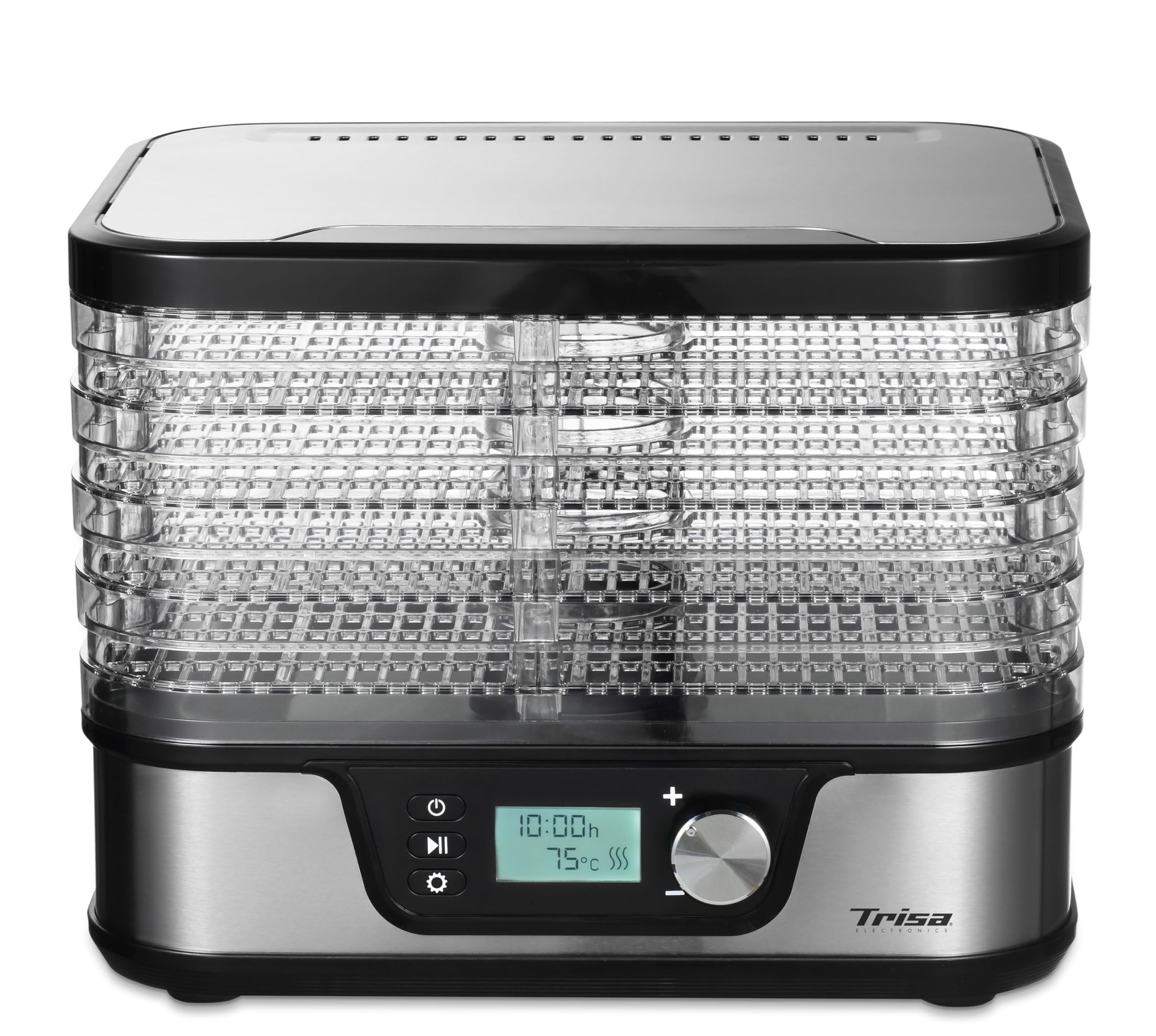 Trisa Healthy Snack Dörrautomat, 380W, 35-75°C, LCD-Display, 5 Jahre | 380W Umluft-Dörren, 35–75°C präzise regelbar, LCD-Display mit Timer, Wählbar 3 oder 5 Gitter, Kräuternetz inklusive