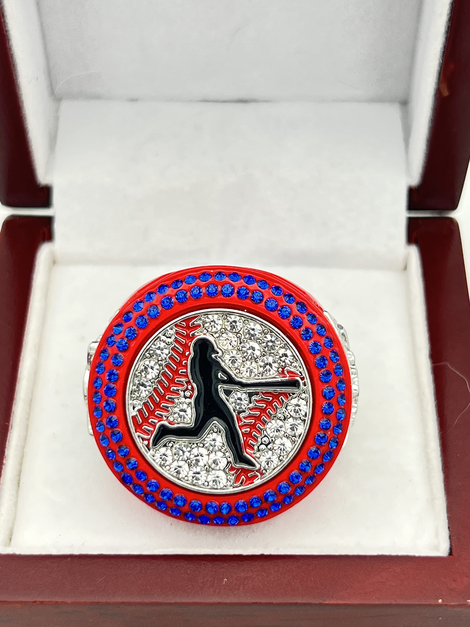 Discount Sports Rings Deluxe Batter Ring, RED FINALIST BLUE STONES, Premium Softball Baseball Tournament Rings 28-14
