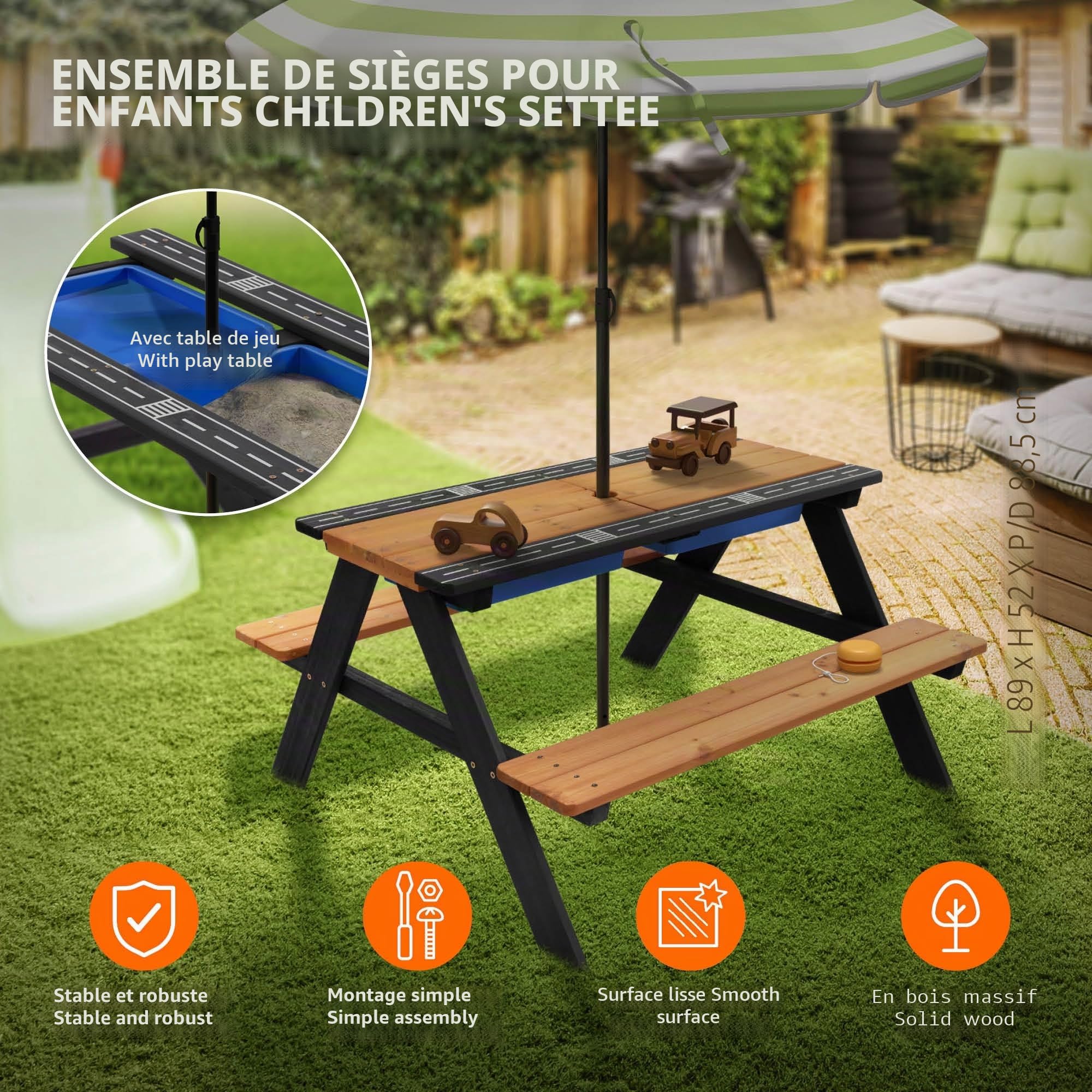 ML-Design 2en1 Ensemble pour Enfants 2 Bancs et Table de Jeux de Sable et d'eau, Brun Naturel, Bois Massif/Métal, Plateau Amovible avec 2 Bacs de Jeu en Plastique Bleu, 4 Places, Trou pour Parasol