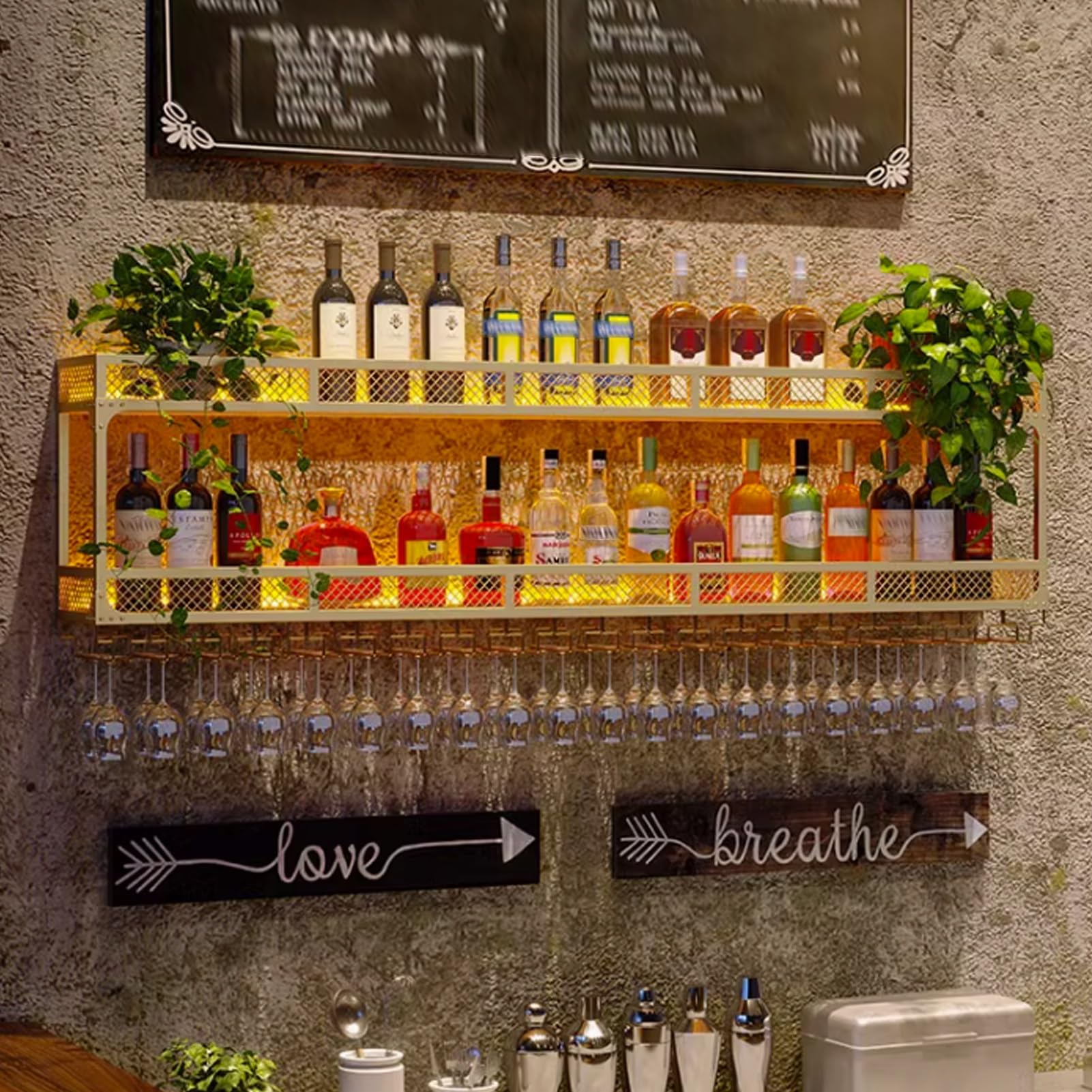 Étagère flottante pour bouteilles alcool métal et verres à vin LED