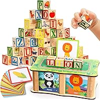 Lewo ABC Wooden Blocks for Toddlers 1-3: Alphabet Learning Toys, Spelling Matching Game & Montessori Building Blocks with Storage Box