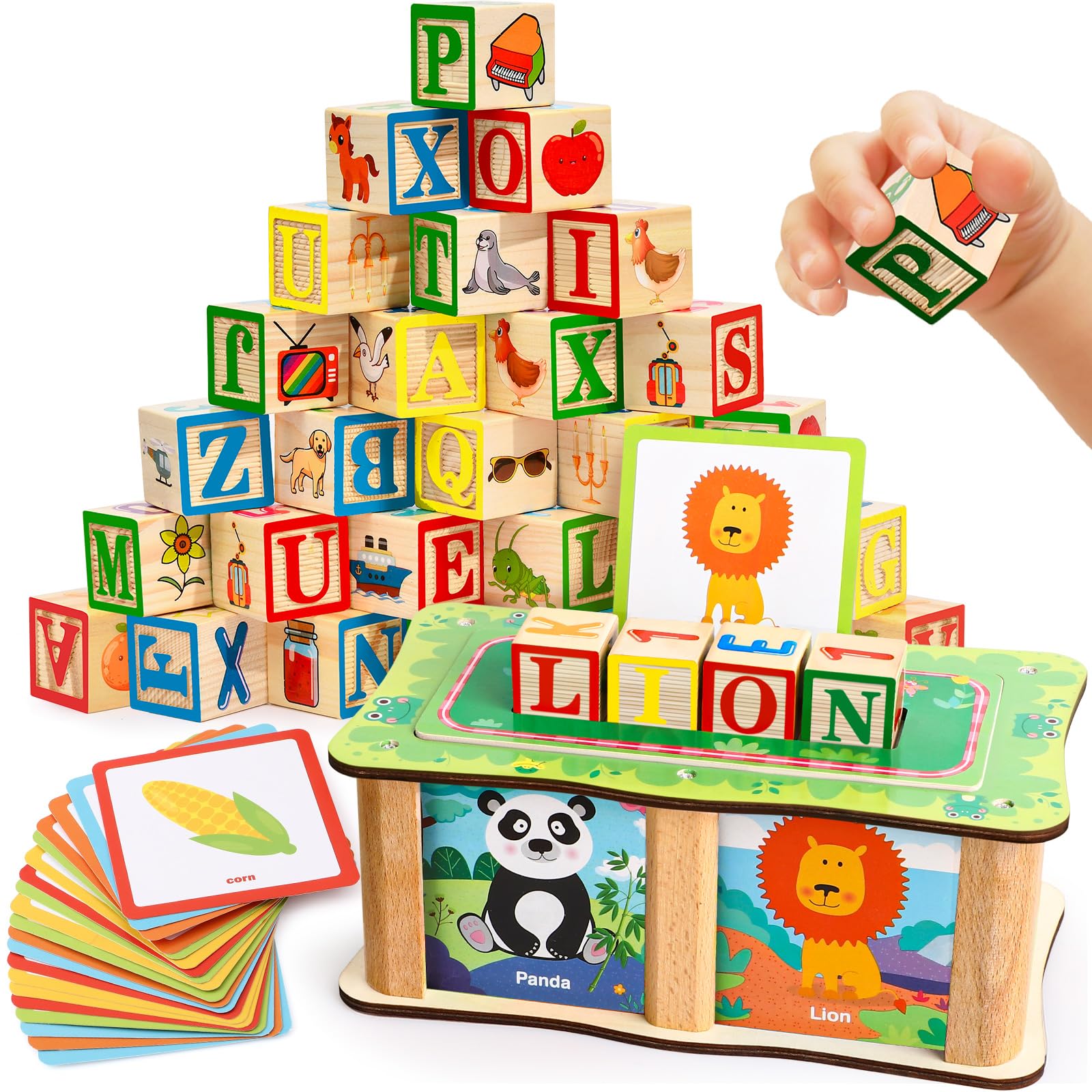 Lewo ABC Wooden Blocks for Toddlers 1-3 Alphabet Learning & Educational Toys with Box & Letter Spelling Matching Game, Boys Girls Montessori Building Blocks Birthday Gifts for Kids 1 2 3 4 Years Old