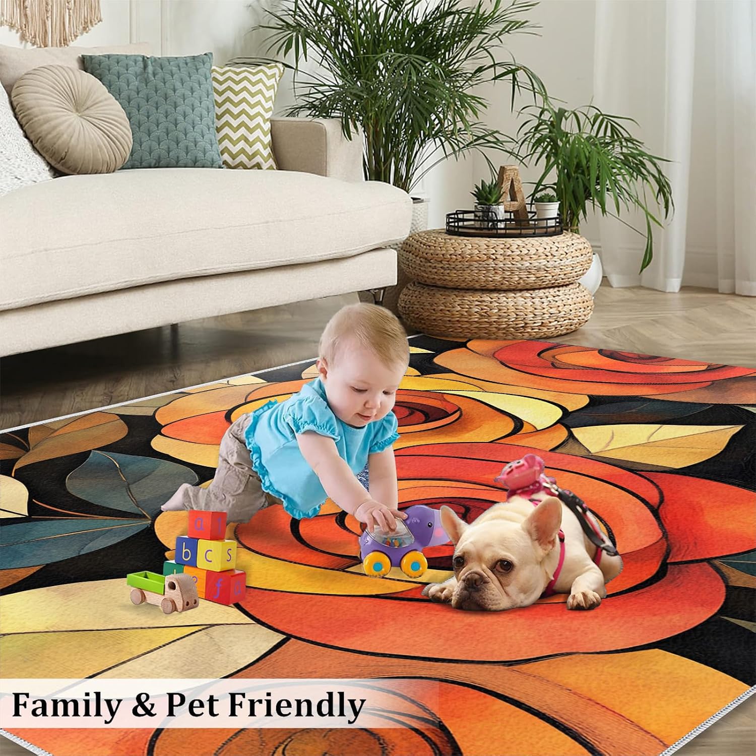 Creative Rose Rug 3x5-3x5 Rug, Orange Rose Area Rugs for Living Room, Modern Floral Washable Low Pile Area Mat, Floral Design Carpet, Aesthetic Carpet - Orange Flower Home Decor & Gift