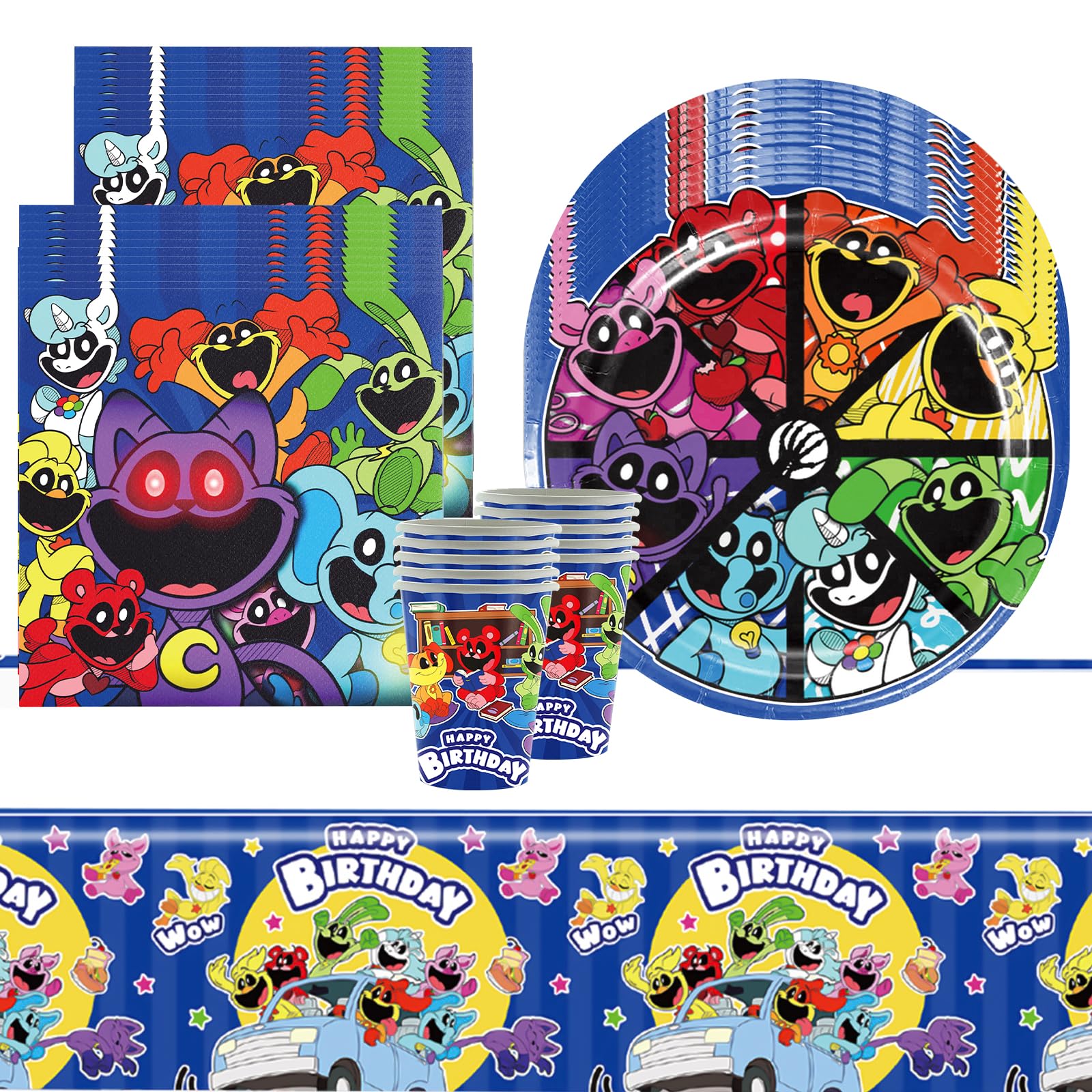 41 Pieces Smiling Critters Party Decoration Tableware, Smiling Critters Children's Birthday Tableware Kit, Theme Party Tableware Set with Paper Plates, Napkins, Cups, Tablecloths for Boys Girls Party