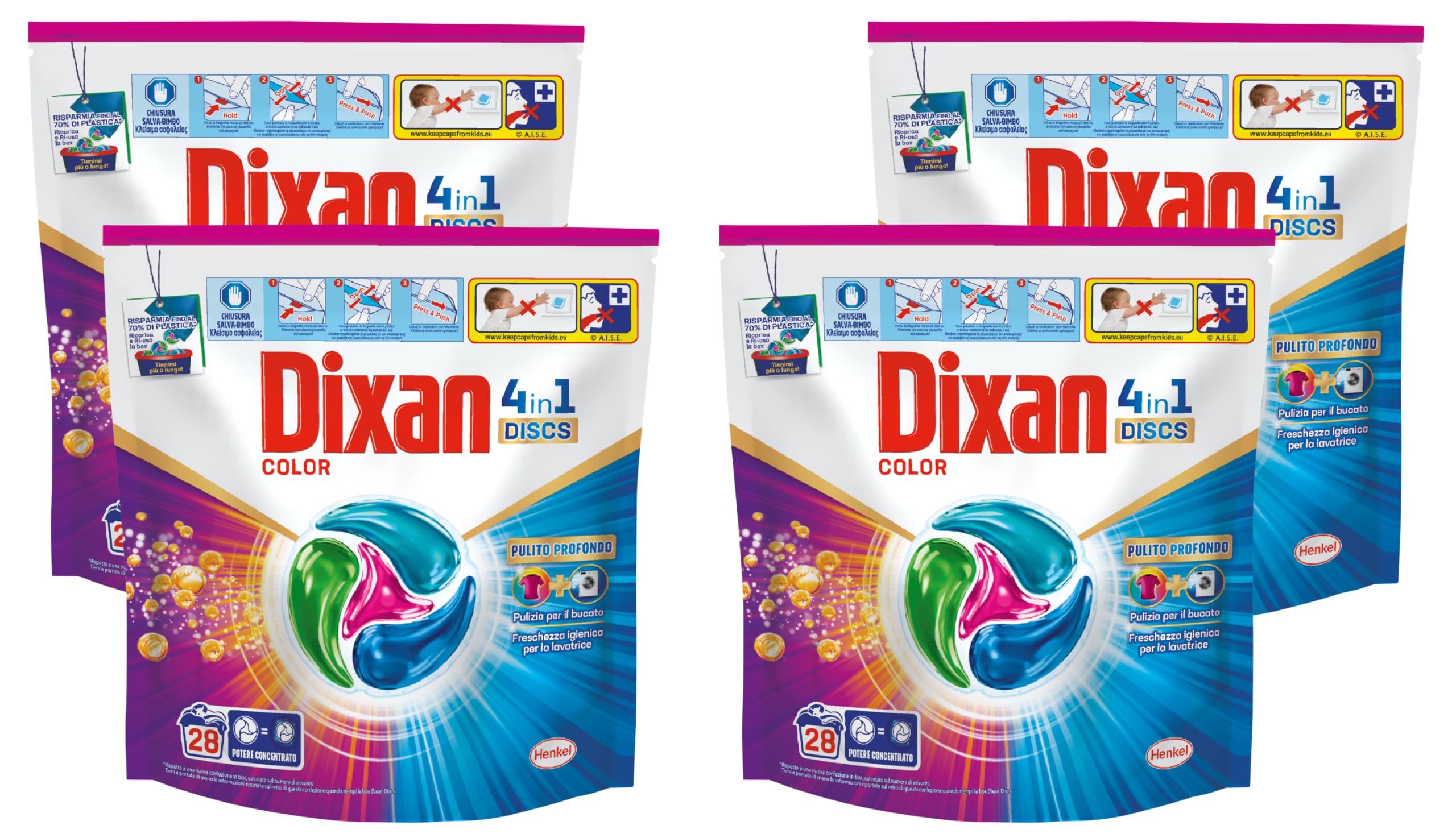 Dixan DISCS 4in1 Color Detersivo Lavatrice (28 Lavaggi), Capsule lavatrice per colori vivaci, pulizia profonda del bucato e freschezza igienica per la lavatrice, Rimuove le macchie da 20°C