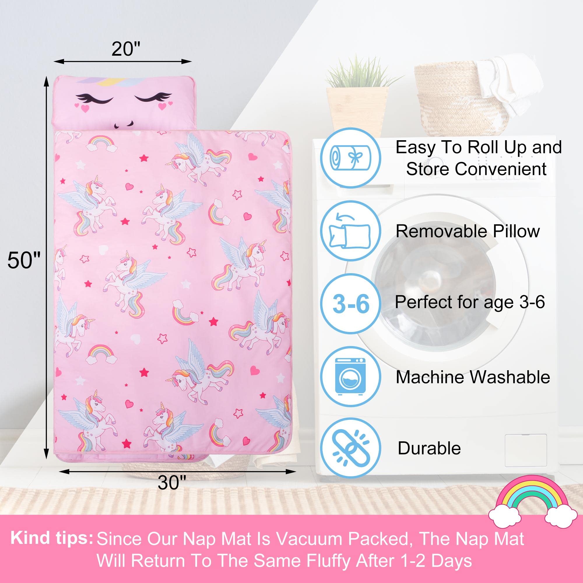 Unicorn Nap Mats for Preschool Daycare Toddler Nap Mat for Girls Daughter Kids Nap Mat with Pillow and Blanket - Birthday Gifts for Kids Granddaughter Kindergarten Travel Napping,50