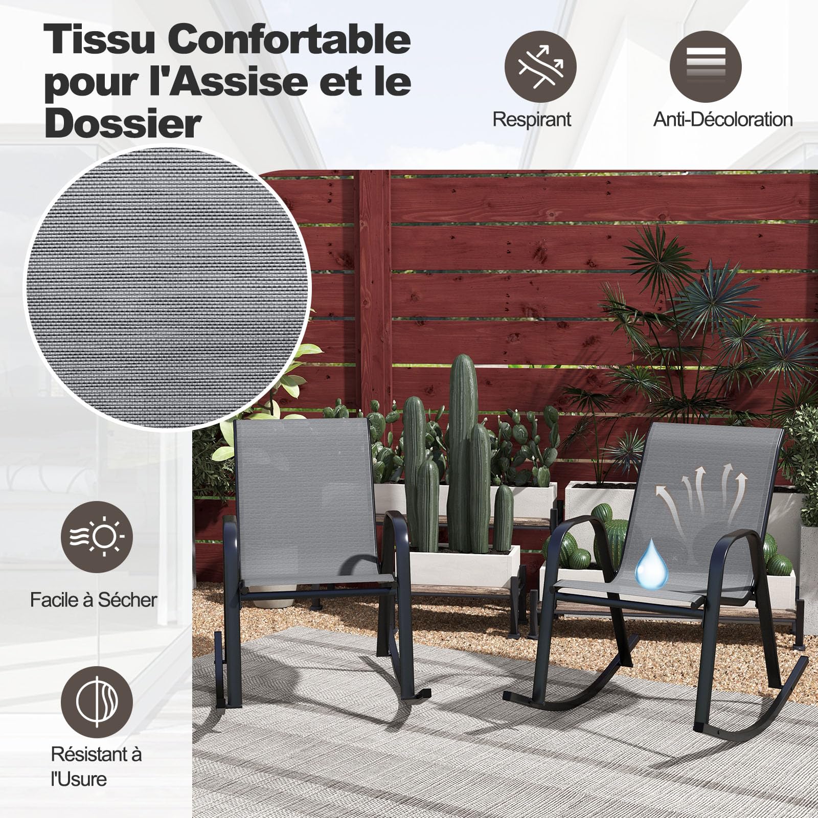 GOPLUS Lot de 2 Fauteuil Jardin Exterieur à Bascule en Textilène, 62 x 91 x 86 CM, Rocking Chair Cadre Métal avec Dossier Incurvé et Accoudoir Ergonomique, Charge de 150 KG, pour Jardin, Balcon (Gris)