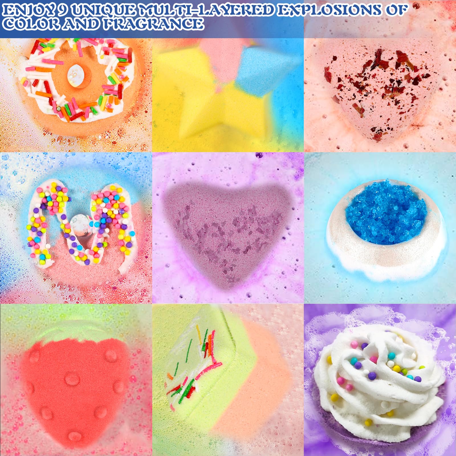 Bombes de Bain, Lot de 9 Coffret Cadeau Boules de Bain, Bombes de Bain Moussantes Biologiques et Naturelles, Coffret Cadeau Femme - pour Cadeau Femme, Fille, Enfants, Fete des Meres, Noël