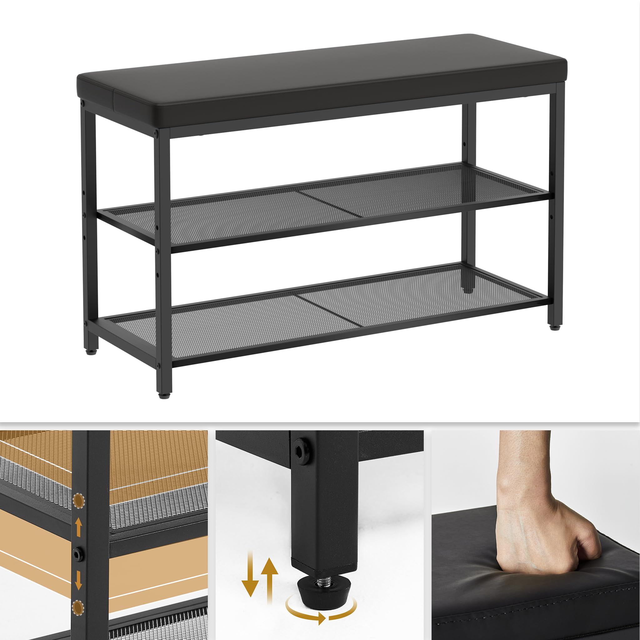 Mondeer Schuhregal mit sitzbank Polsterauflage schwarz 80x30x50 | Schuhgitter verstellbar. Kunstleder, leicht reinigbar. Metall stabil , Schuhaufbewahrung. Für Flur, Diele, Wohnzimmer.