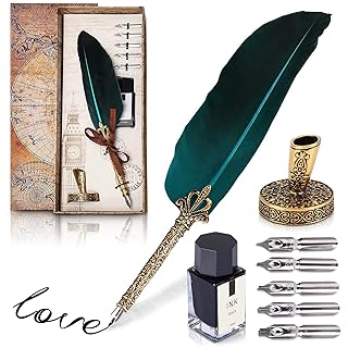 Feather Quill Pen and Ink Set - Calligraphy Pen Dip Set with Inkwell And Stand - Quill Pen Set with 5 Stainless Steel Nibs for Writing Paper, Letter Drawing Pen - Feather Pen Birthday Gift for Adults