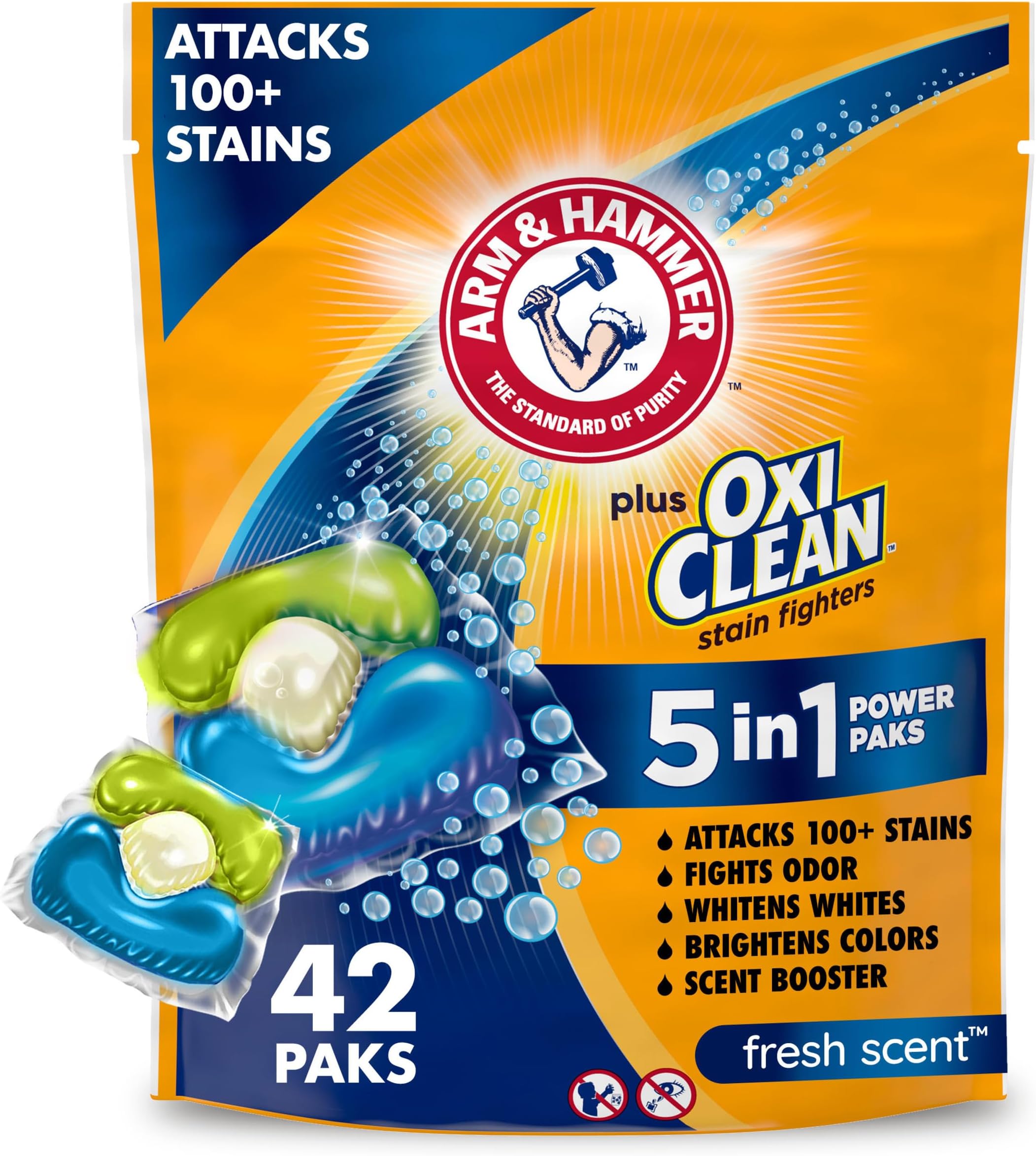 Arm & Hammer Plus OxiClean 5-in-1 Laundry Detergent Power Paks, 42 Count (Packaging may vary)